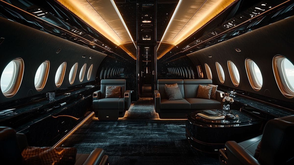 Cabine intérieure d'un jet privé, cuir noir et bois sombre